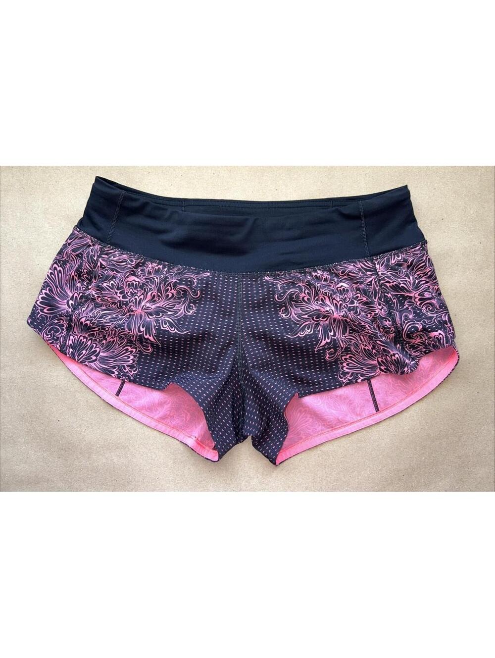 Lululemon Women Speed Up Short INSU/BLK Infinity Glossy Black Pink Floral 6 Reg
